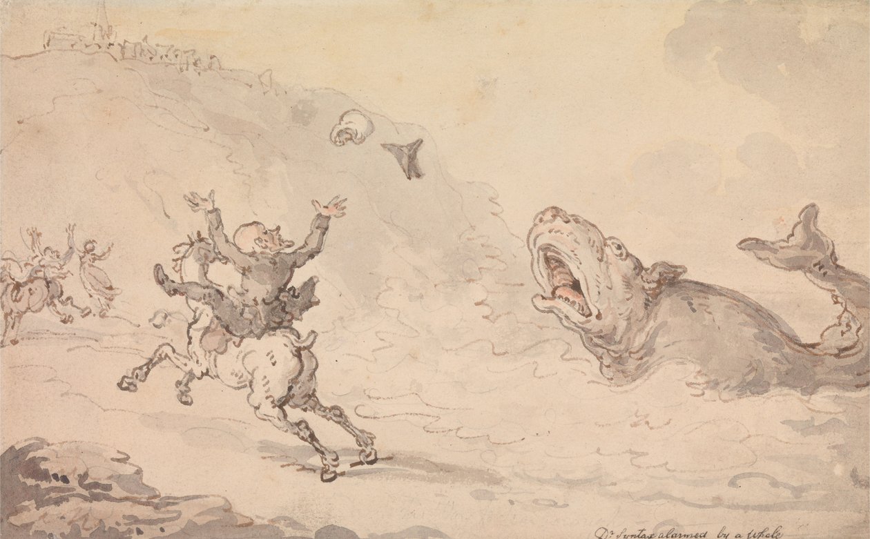 Dr. Syntax bliver forskrækket af en hval af Thomas Rowlandson
