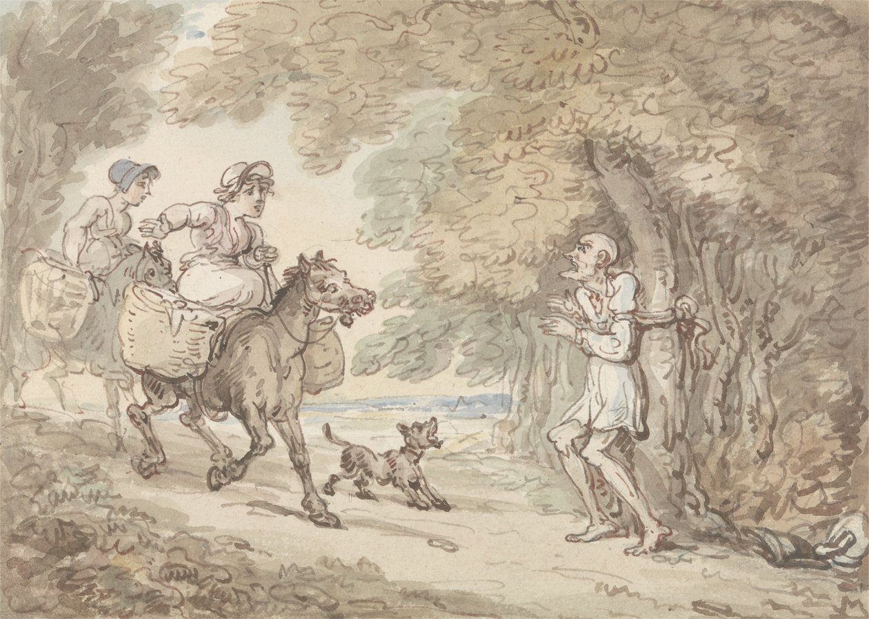 Dr. Syntax bundet til et træ af Highwaymen (akvarel med pen og blæk på papir) af Thomas Rowlandson