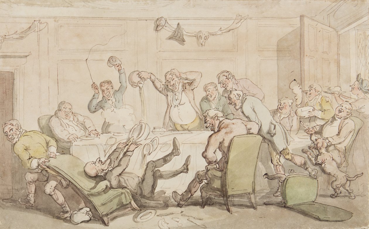 Dr. Syntax kommer ud for en ulykke i klubben (blæk og wc på papir) af Thomas Rowlandson