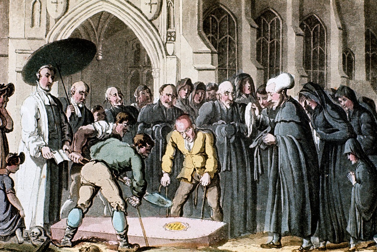 Dr. Syntax ser sin kones kiste blive sænket ned i graven, 1820 af Thomas Rowlandson
