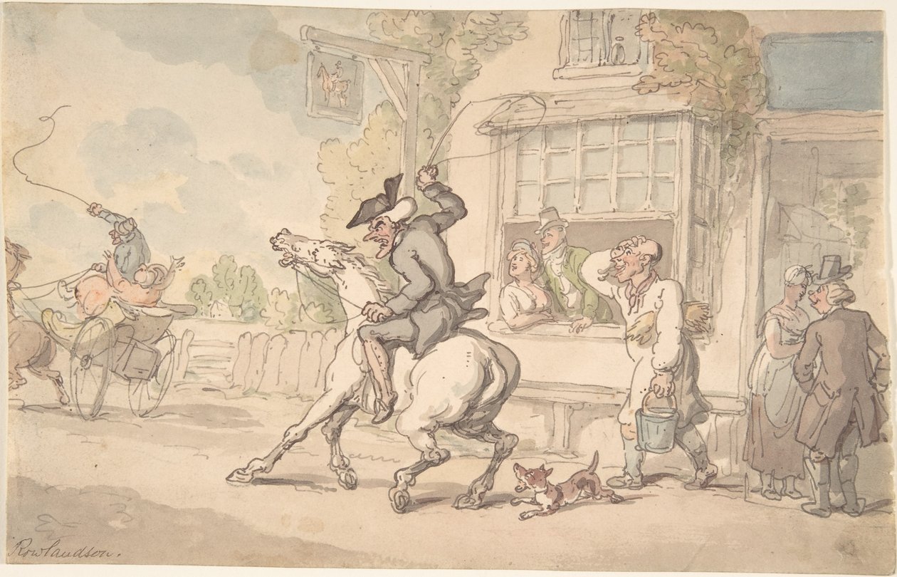 Dr. Syntax med en genstridig hest foran en kro af Thomas Rowlandson
