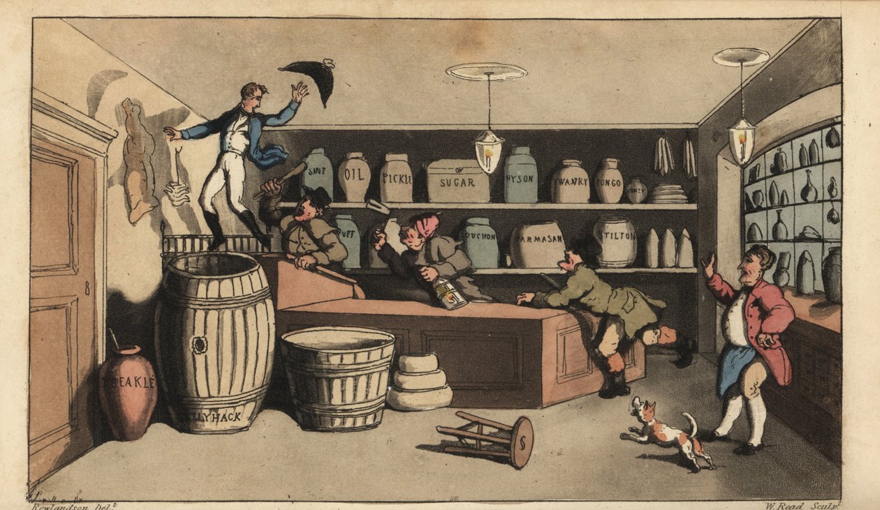 Beruset Johnny forfulgt af nattevagter i en købmandsbutik, der var ved at falde ned i en tønde smør. Håndfarvet kobberstik af W. Læst efter en illustration af Thomas Rowlandson fra Alfred Burtons The Adventures of Johnny Newcombe in the Navy, Si af Thomas Rowlandson