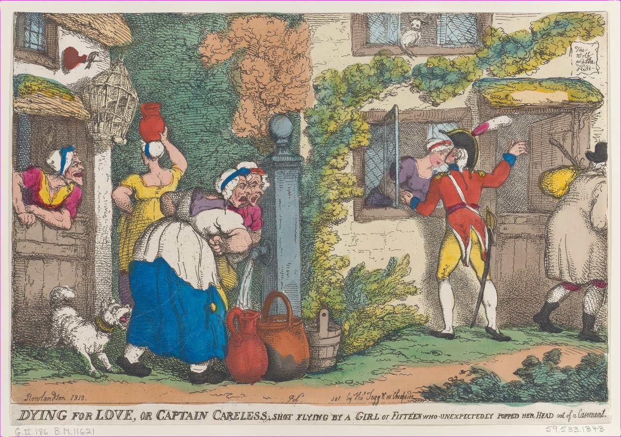 Dying for Love, eller Kaptajn Careless, skudt flyvende af en pige på femten, der uventet popper..., 1810. af Thomas Rowlandson