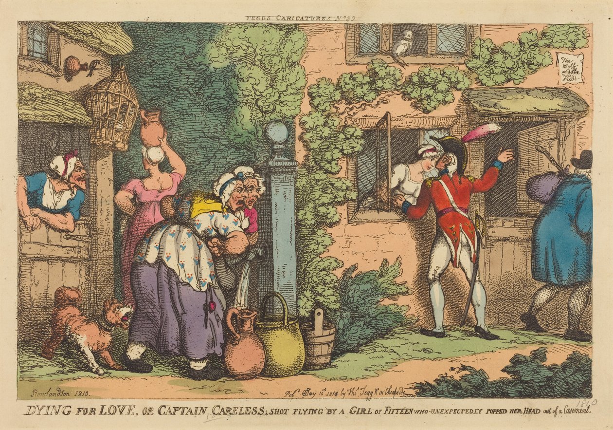 »Døden for kærlighed«, eller »Kaptajn Careless blev skudt ned af en femtenårig pige, der uventet stak hovedet ud af et vindue« af Thomas Rowlandson