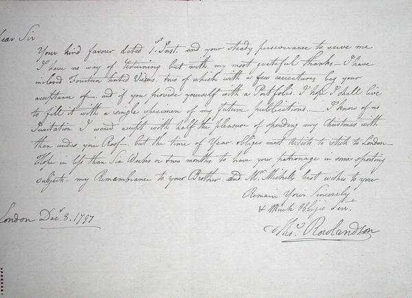 Tidligst kendte brev fra kunstneren til en Mr. Downs, en potentiel protektor, 8. december 1797 (pen og blæk på papir) af Thomas Rowlandson