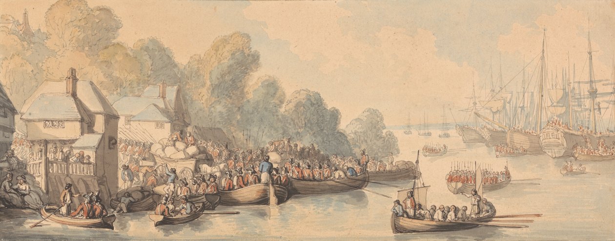 Ombordstigning i Southampton, 20. juni 1794 (akvarel og pen og brunt, gråt og rødbrunt blæk over grafit på medium, let struktureret, cremevævet papir) af Thomas Rowlandson