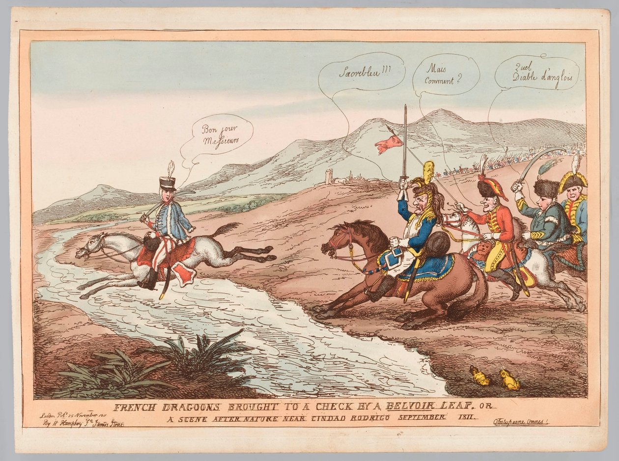 Engelske manerer og fransk forsigtighed eller franske dragoner bragt til check ved Belvoir-spring september 1811 (gravering, farvet) af Thomas Rowlandson