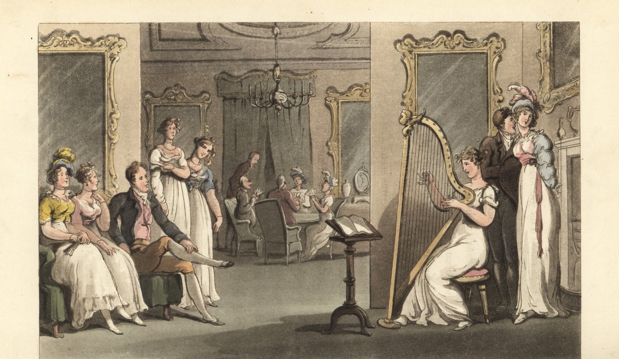 Engelsk herre og damer lytter til en harpist ved et bal af Thomas Rowlandson