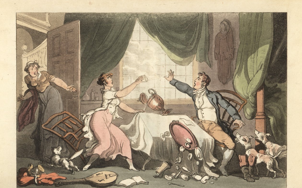 Engelsk herre skændes med sin kone om penge af Thomas Rowlandson