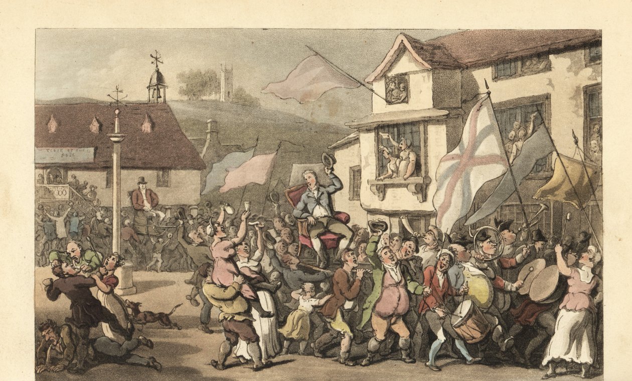 Engelsk herre båret i en sedanstol til et valg af Thomas Rowlandson