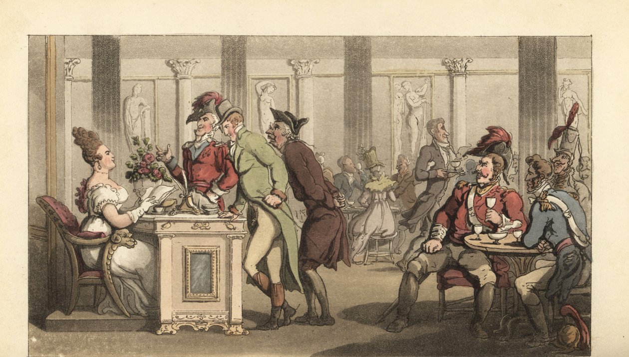 Engelsk herre flirter med Fair Limonadiere på en cafe i paris af Thomas Rowlandson