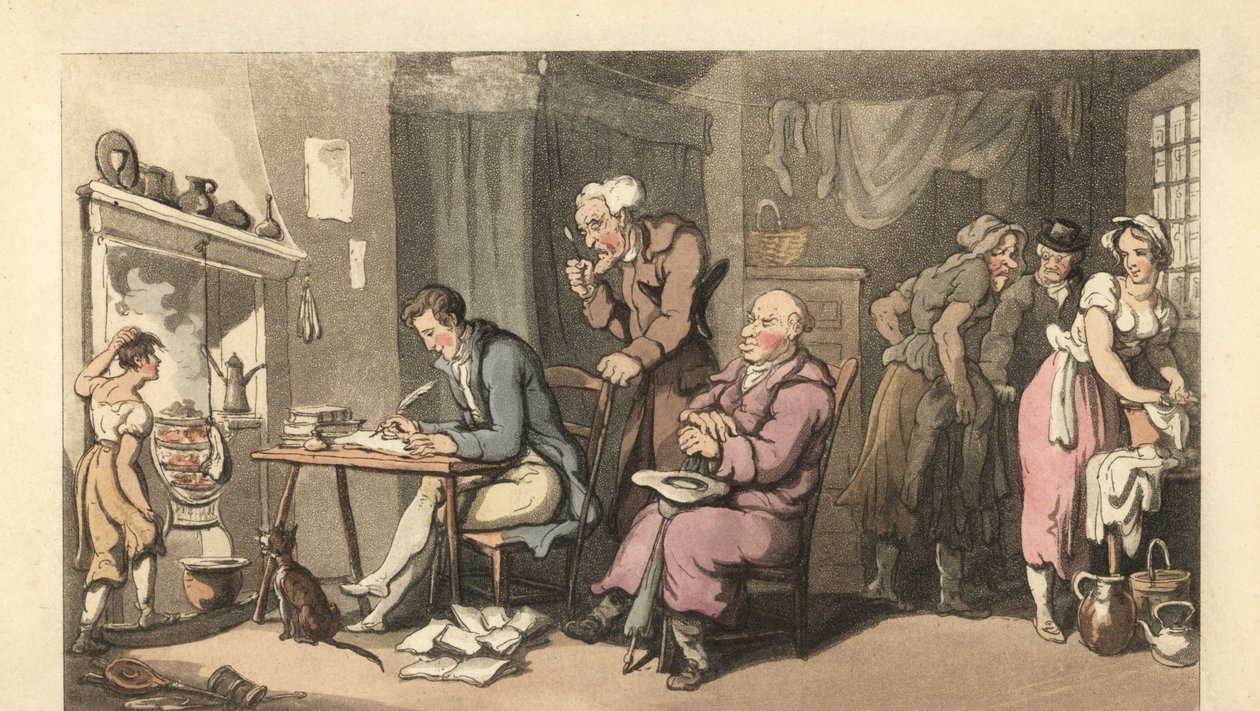 Engelsk herre, der skriver et tiggerbrev i en forfalden stue af Thomas Rowlandson