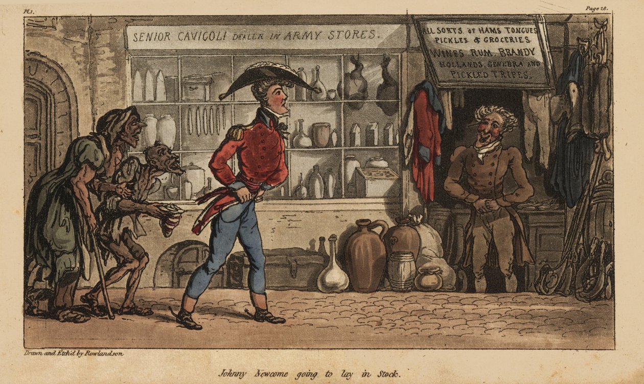 Ensign Johnny Newcome køber alt for dyre forsyninger fra Senor Cavigoles ride-off-butik i Lissabon, Portugal. Håndfarvet kobberstik tegnet og ætset af Thomas Rowlandson fra oberst David Roberts