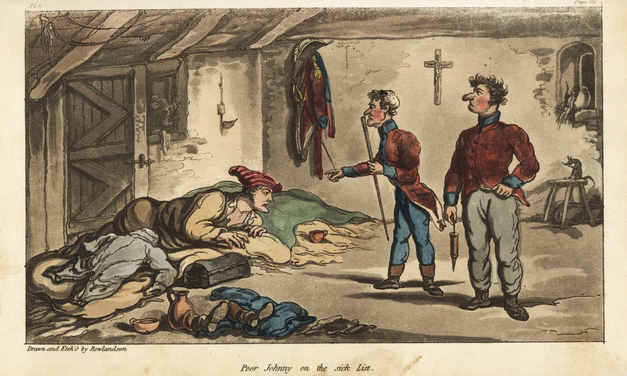 Fænrik Johnny Newcome faldt med dysenteri i sin billet i Medina, Spanien. Håndfarvet kobberstik tegnet og ætset af Thomas Rowlandson fra oberst David Roberts
