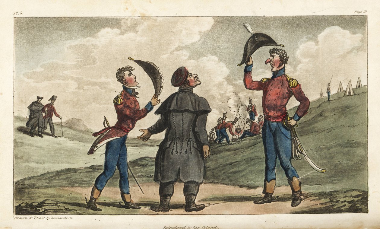 Fænrik Johnny Newcome introduceret til obersten i sit regiment før slaget ved Salamanca. Håndfarvet kobberstik tegnet og ætset af Thomas Rowlandson fra oberst David Roberts