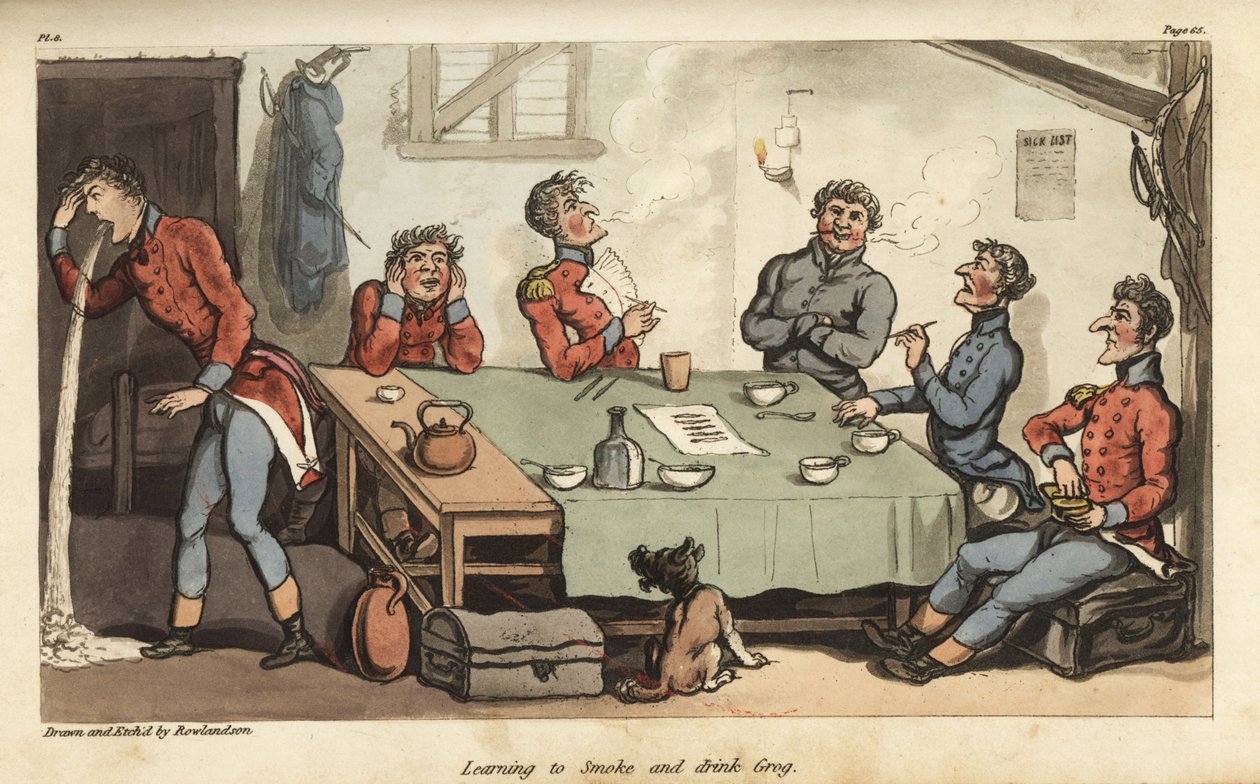 Ensign Johnny Newcome lærer at ryge cigarer og drikke grog sammen med andre officerer. Ryger for meget og kaster op ved bordet. Håndfarvet kobberstik tegnet og ætset af Thomas Rowlandson fra oberst David Roberts