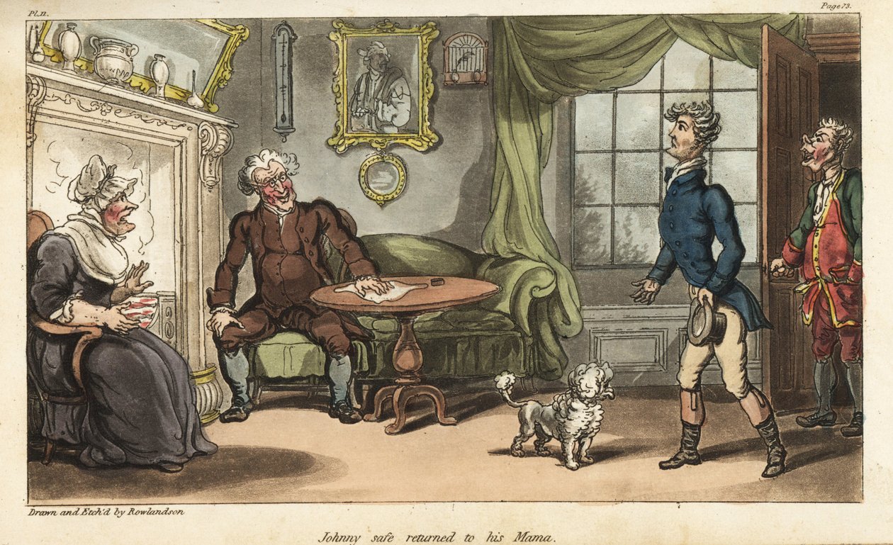 Fænrik Johnny Newcome vender hjem til England på sygeorlov fra Peninsula Campaign. Håndfarvet kobberstik tegnet og ætset af Thomas Rowlandson fra oberst David Roberts