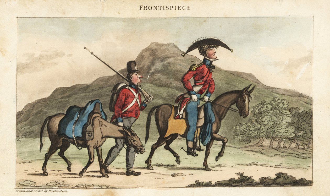 Fænrik Johnny Newcome rider på en hest ledsaget af en subaltern med pakhest i Portugal. Håndfarvet kobberstik tegnet og ætset af Thomas Rowlandson fra oberst David Roberts