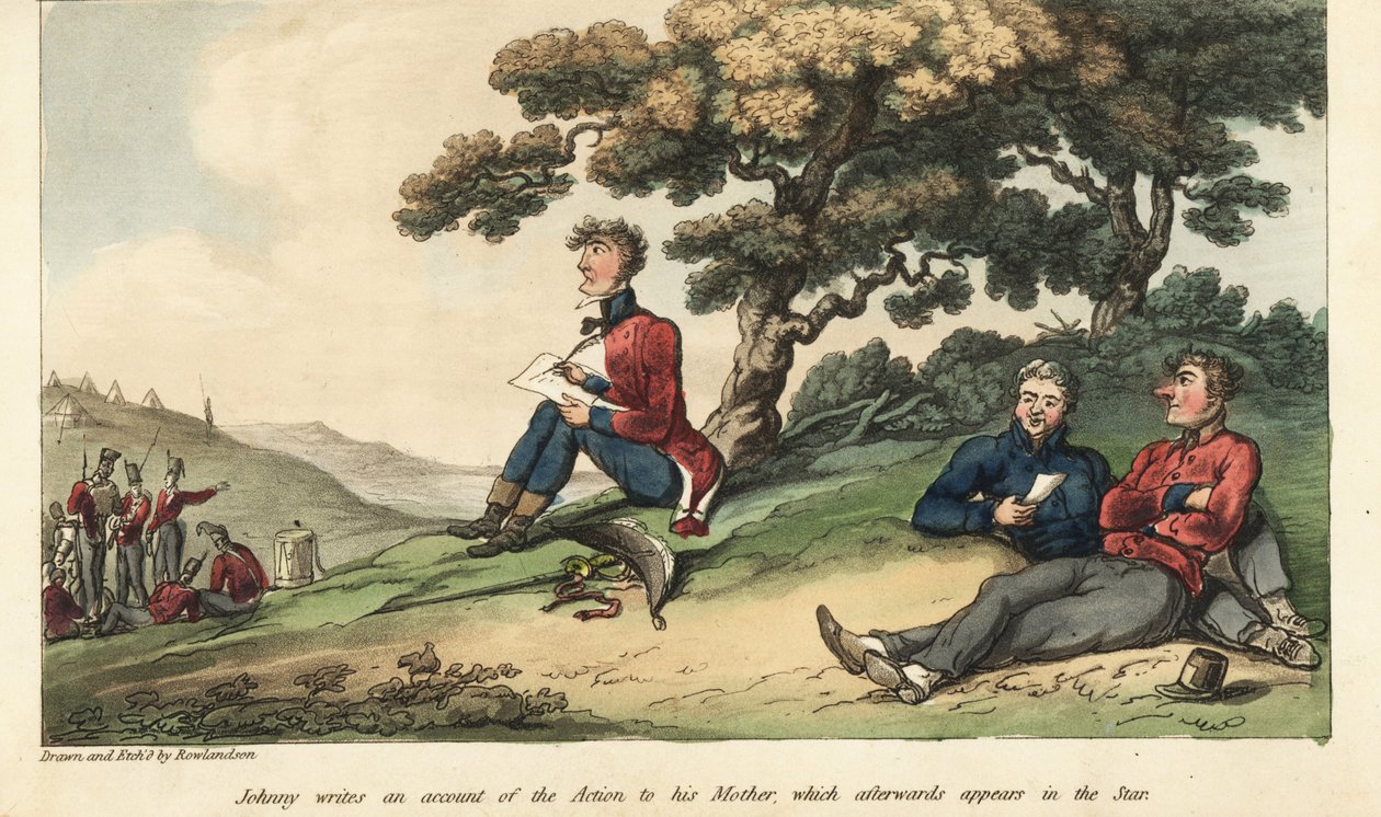 Ensign Johnny Newcome skriver et brev til sin mor, der beskriver slaget ved Salamanca af Thomas Rowlandson