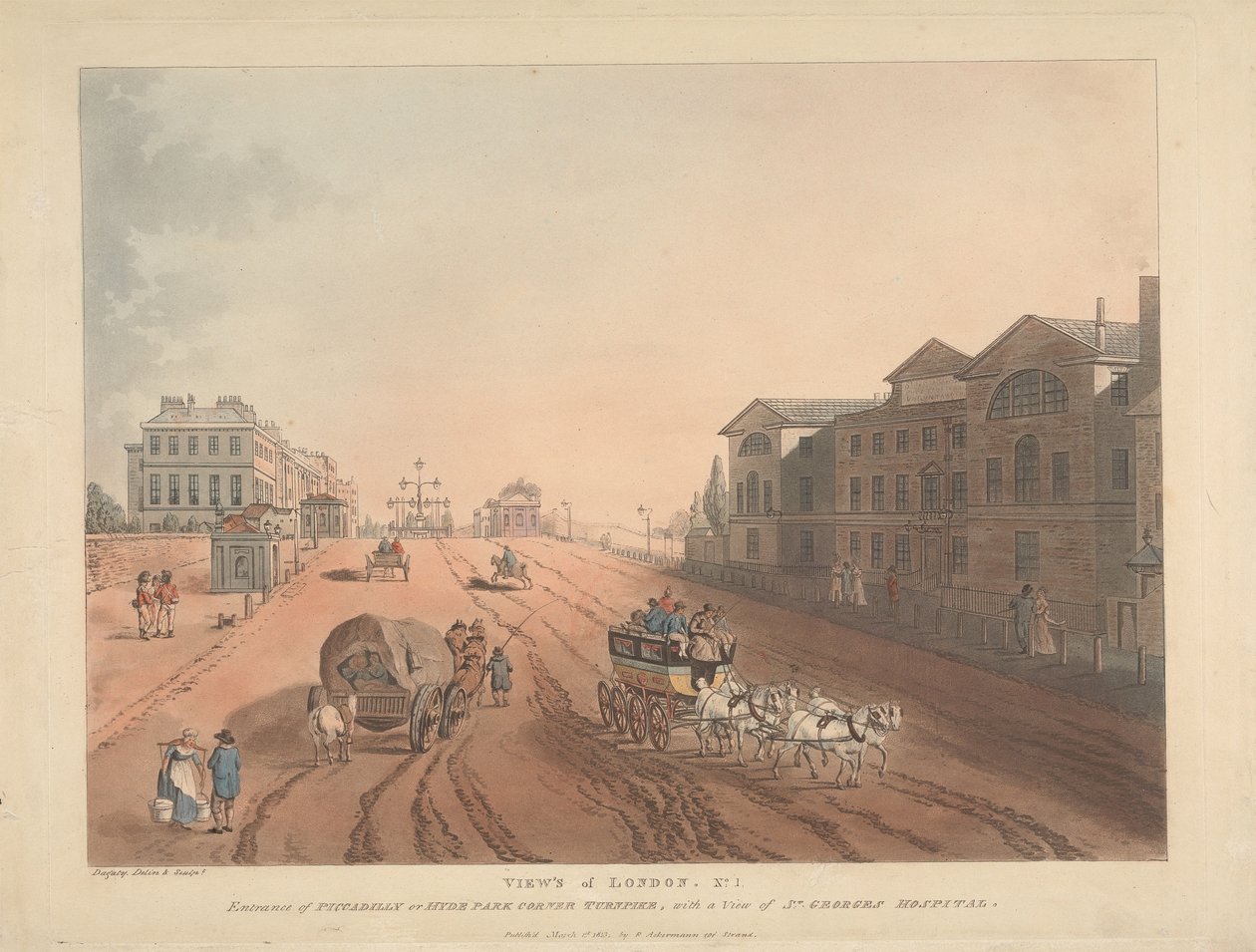 Indgangen til Piccadilly eller Hyde Park Corner Turnpike (nr. 1) af Thomas Rowlandson