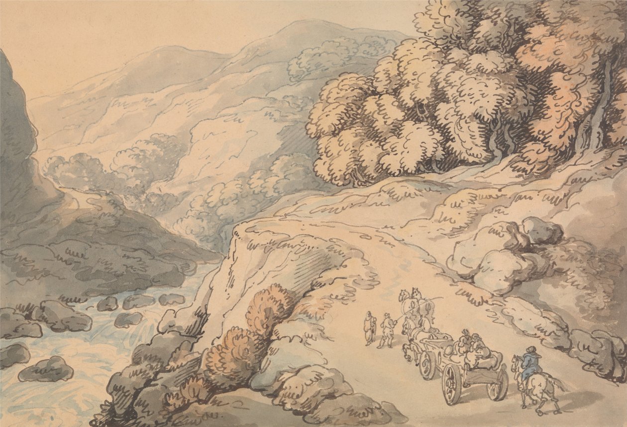 Vandfald ved floden Conwy, Nordwales af Thomas Rowlandson