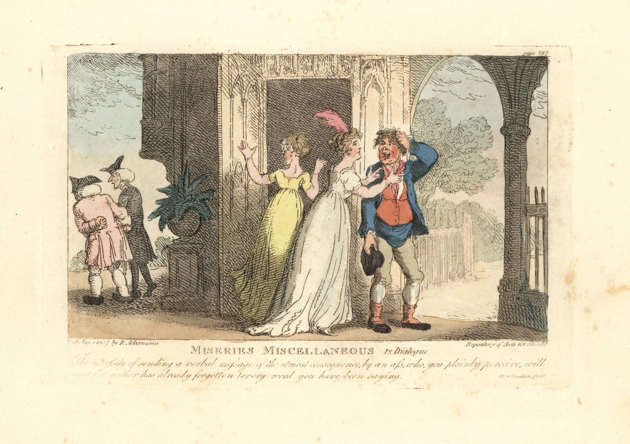 Moderigtig kvinde sender en verbal besked via et fjols af Thomas Rowlandson