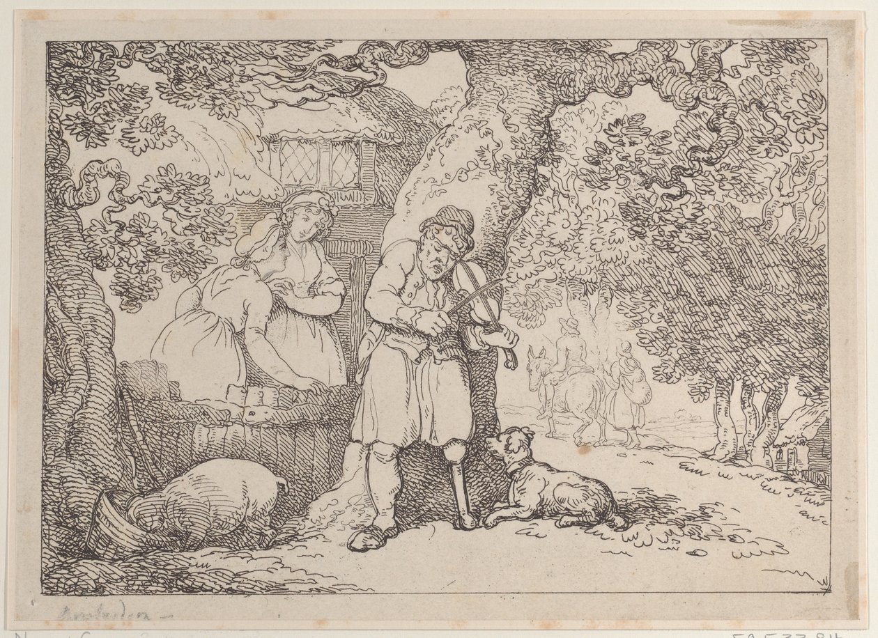 Spillemand, sømand, to kvinder og en gris ved et sommerhus, 1816., 1816. af Thomas Rowlandson