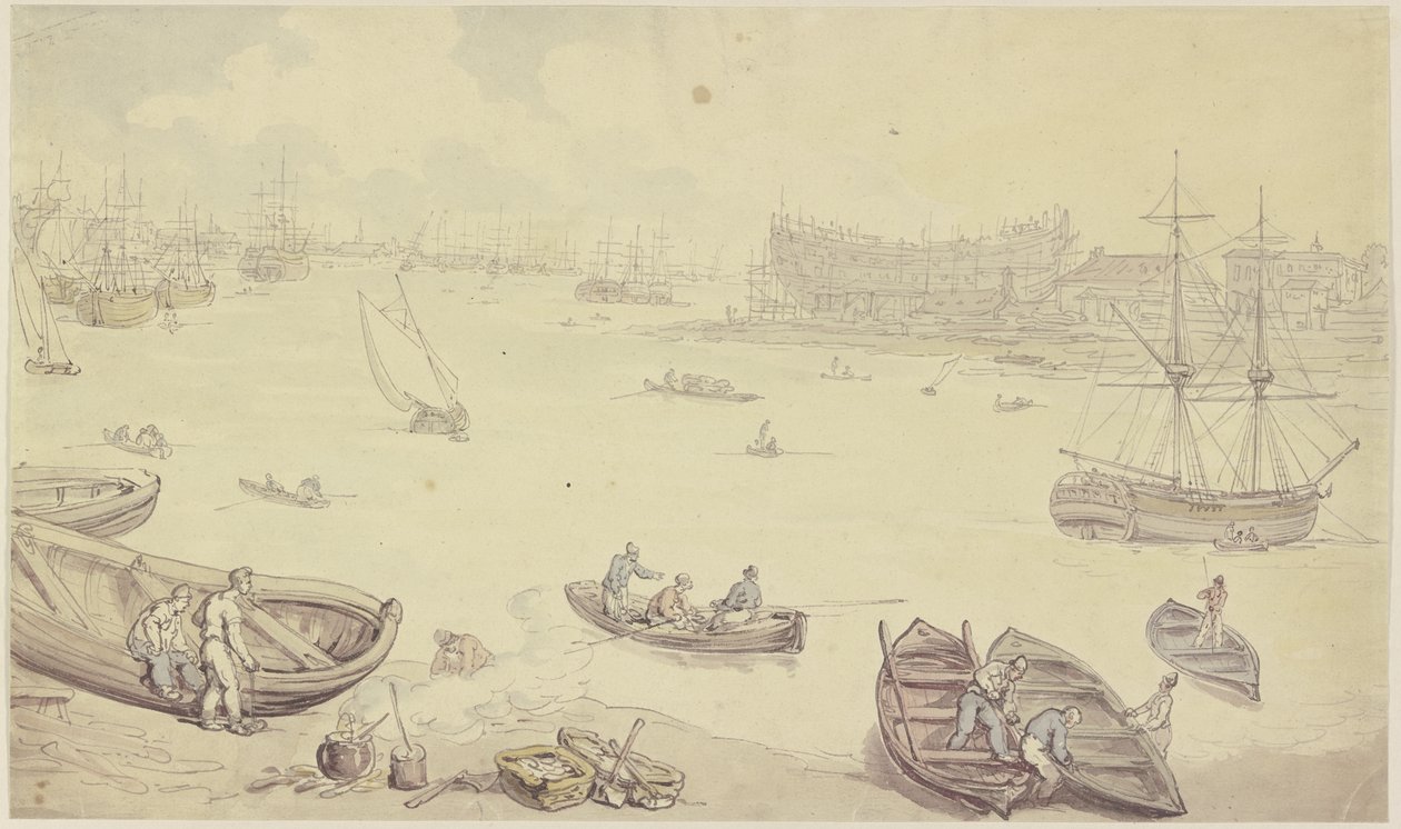En flod med mange skibe og et skibsværft af Thomas Rowlandson