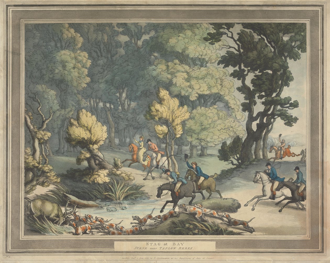 Rævejagt [sæt med fire]:  2.  Hjort i knibe. / Scene nær Taplow, Berks af Thomas Rowlandson