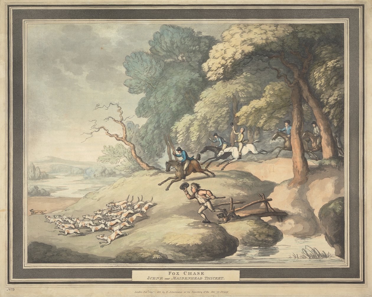 Rævejagt [sæt med fire]:  3. Rævejagt / Scene nær Maidenhead-krattet af Thomas Rowlandson