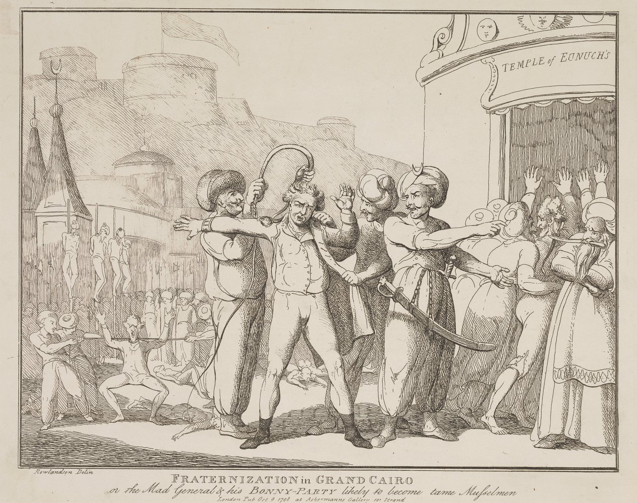 »Fraternisering i Grand Cairo« eller »Den gale general og hans muntre følge«, der sandsynligvis vil blive til tamme muslimer af Thomas Rowlandson