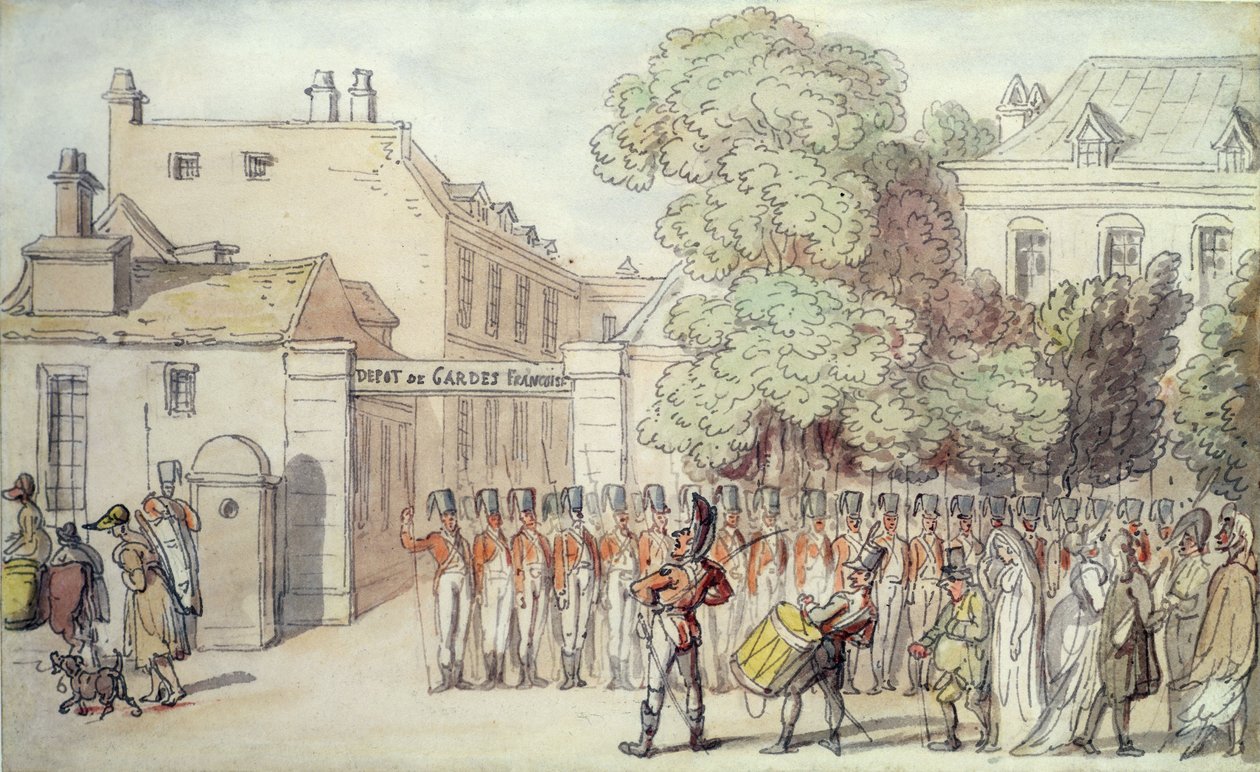 Franske soldater i parade (pen og akvarel på papir) af Thomas Rowlandson