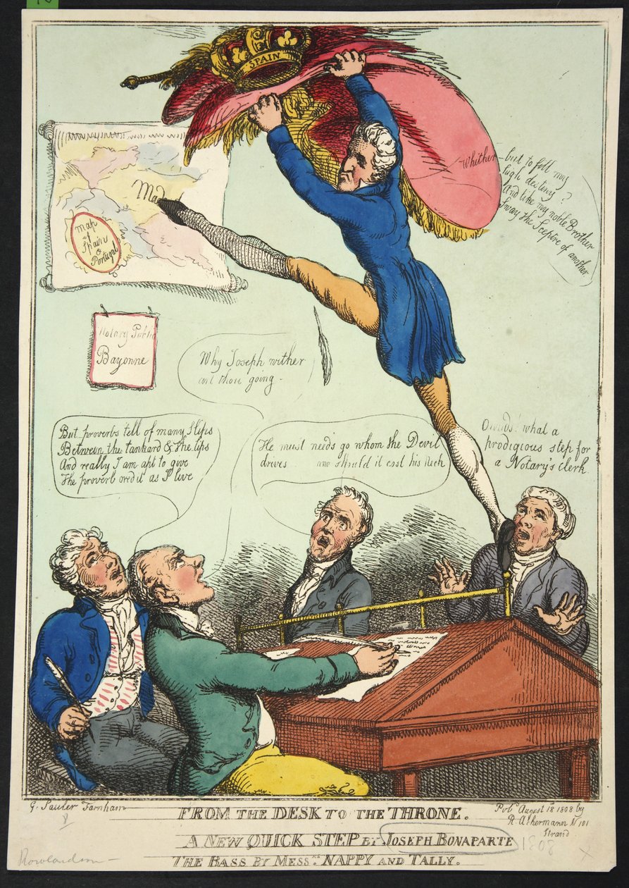 Fra skrivebordet til tronen. Et nyt hurtigt skridt af Joseph Bonaparte. The Bass af Mrs Nappy and Talley, pub. 1808 (håndfarvet gravering) af Thomas Rowlandson