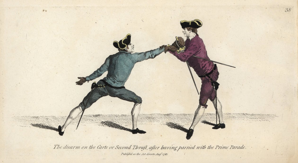 Gentleman fægter afvæbner sin modstander på Carte eller Second Thrust, efter at have pareret med Prime Parade. Håndfarvet kobberstik efter en illustration af Thomas Rowlandson fra Mr. Domenico Angelos The School of Fencing, London af Thomas Rowlandson