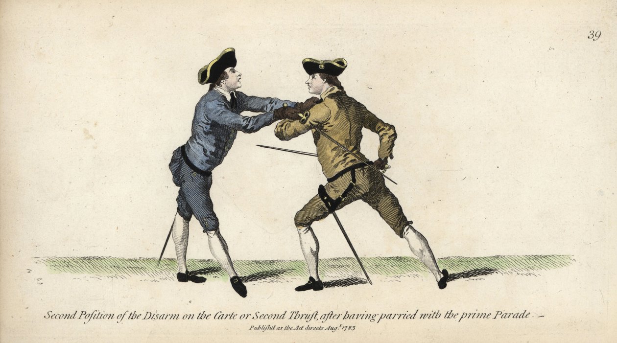 Gentleman fægter i den anden position af afvæbning på Carte eller Second Thrust, efter Prime Parade pareringen. Håndfarvet kobberstik efter en illustration af Thomas Rowlandson fra Mr. Domenico Angelos The School of Fencing, London af Thomas Rowlandson