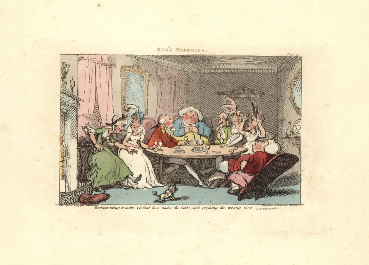 Herre forsøger at spille footsie med en skønhed ved bordet. af Thomas Rowlandson