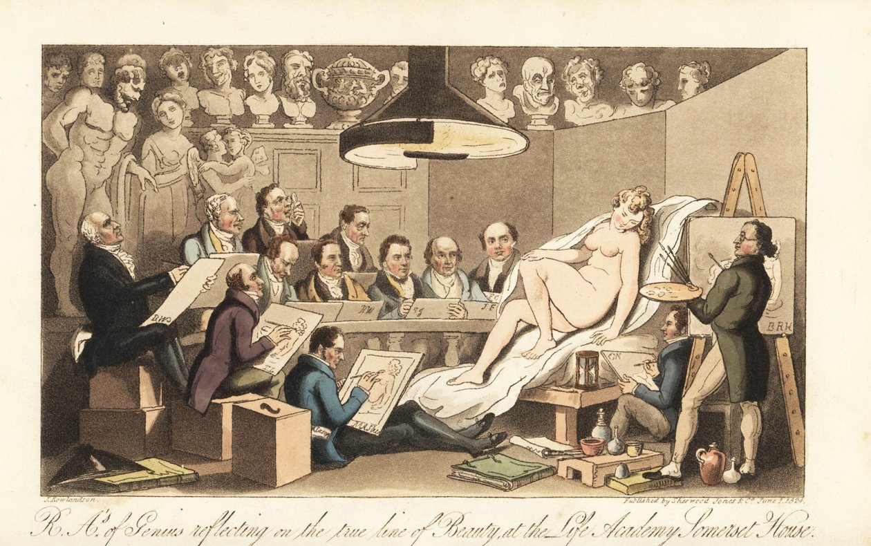 Georgiske kunstnere, herunder Benjamin West, Thomas Lawrence, Benjamin Haydon, Joseph Farrington, Richard Westall og Martin Archer Shee, tegner en nøgenmodel, mens klassiske buster kigger ned. Royal Academicians of Genius reflekterer over skønhedens sande  af Thomas Rowlandson