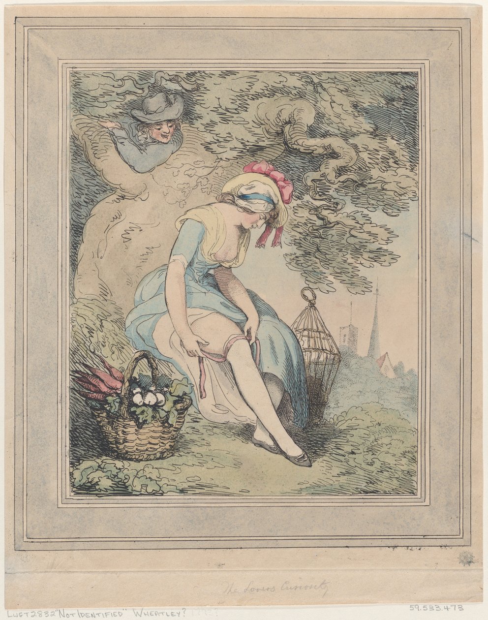 Pige med en kurv og et fuglebur, der justerer sit strømpebånd, 1785-95., 1785-95. af Thomas Rowlandson