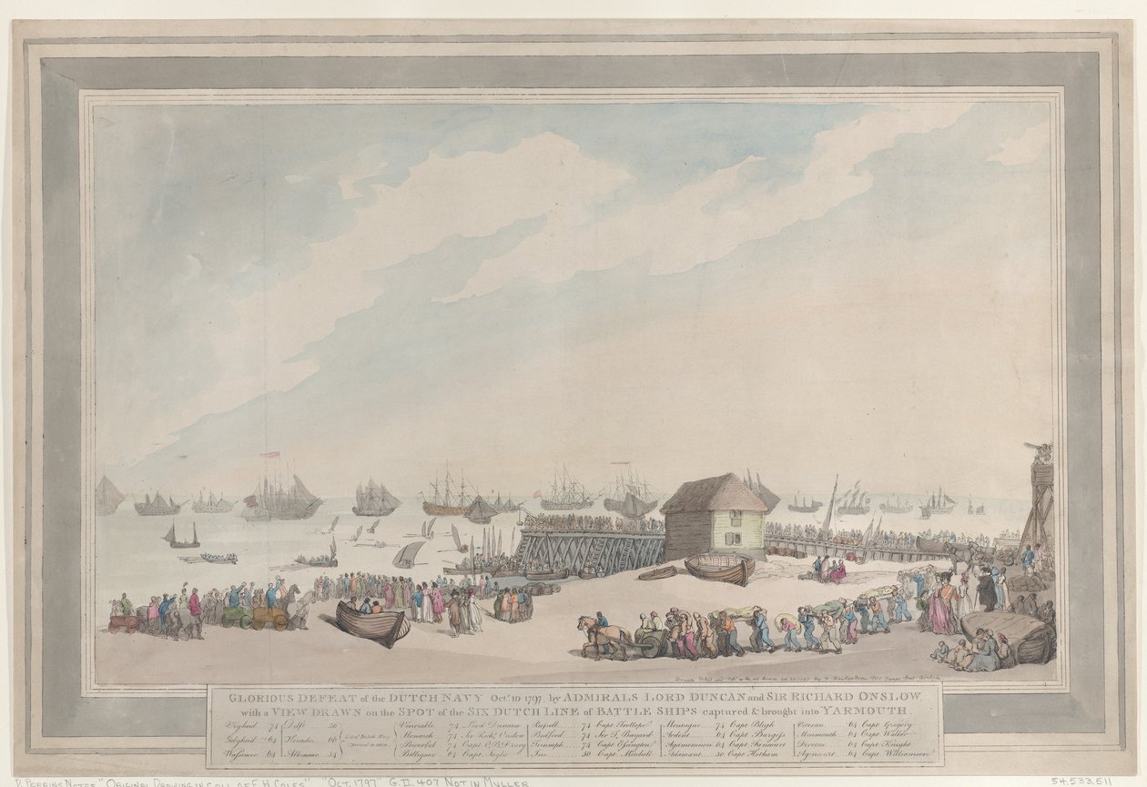 »Den hollandske flådes strålende nederlag, 10. oktober 1797«, af admiralerne Lord Duncan og Sir Richard Onslow, med et på stedet tegnet billede af de seks hollandske linjeskibe, der blev erobret og ført til Yarmouth af Thomas Rowlandson