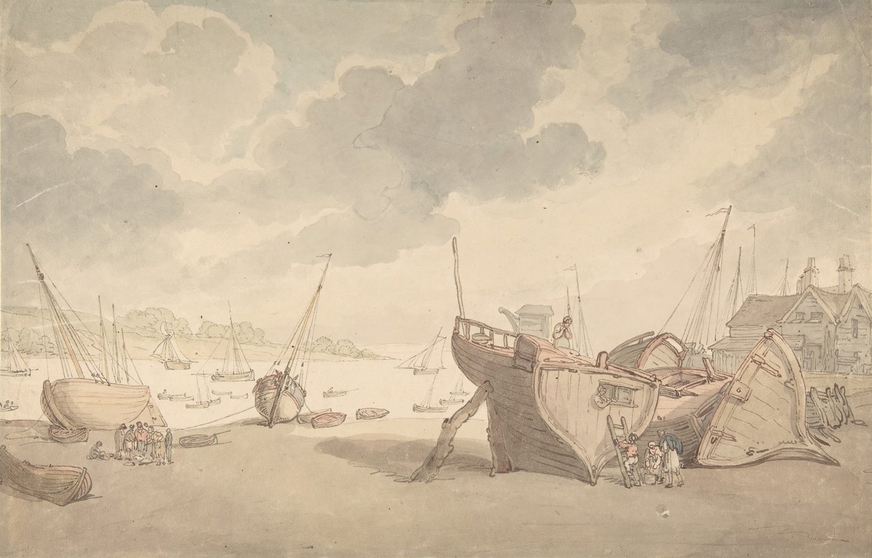 Havnescene med tidevandet ude og strandede både, 1775-1827. af Thomas Rowlandson