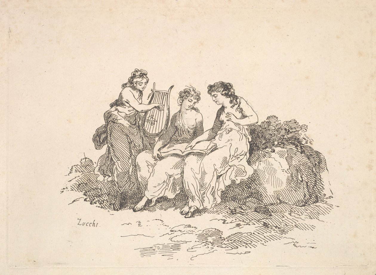 Harmony - Two Nymphs Singing, Another Playing a Lyre, 1784-88. af Thomas Rowlandson