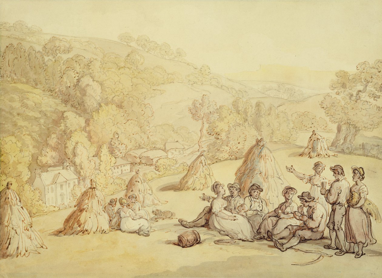 Høstmaskiner hviler på en majsmark, ca. 1805-10 (pen og blæk med vask på papir) af Thomas Rowlandson