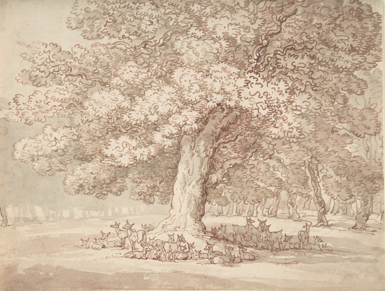 Flok hjorte under et egetræ, 1775-1827. af Thomas Rowlandson