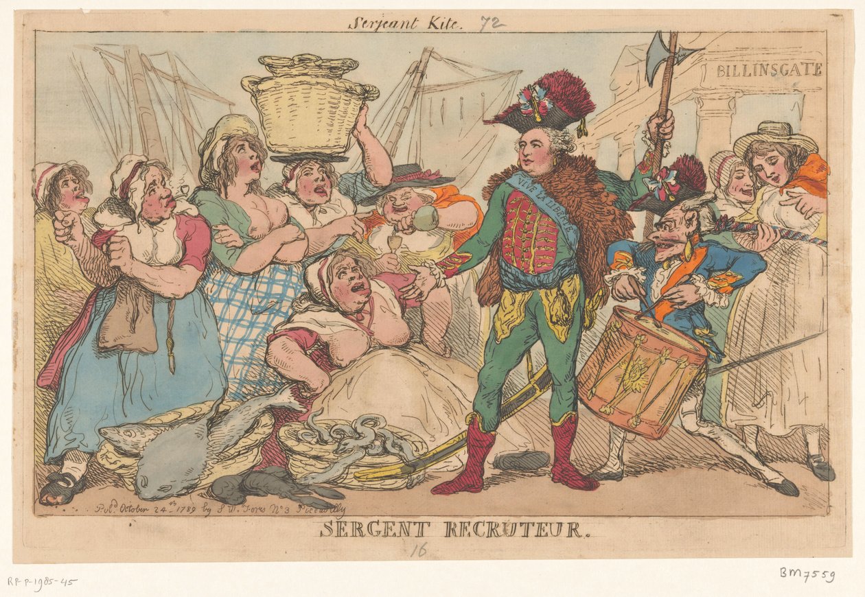 Hertug af Orléans blandt fiskekvinderne, 1789 Sergent Recruiter (titel på objekt) af Thomas Rowlandson