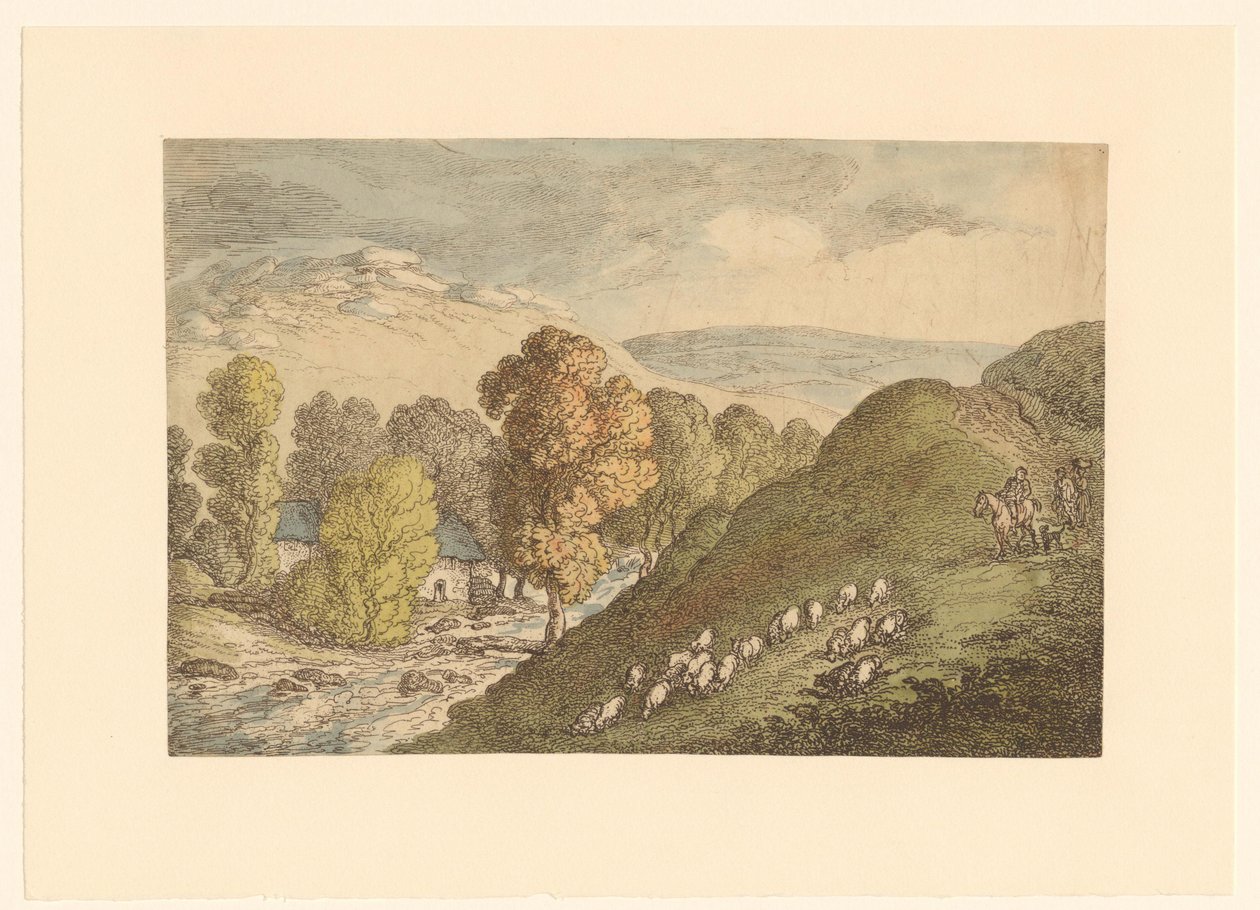 Bakket landskab med får af Thomas Rowlandson