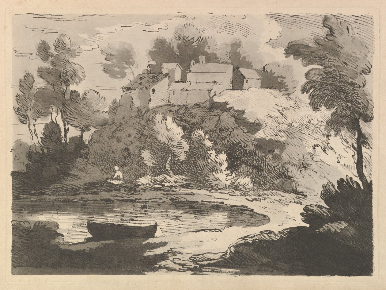 Bakket flodlandskab, en båd i vandet i forgrunden til venstre, en figur på den fjerne kyst..., 1783-84. af Thomas Rowlandson