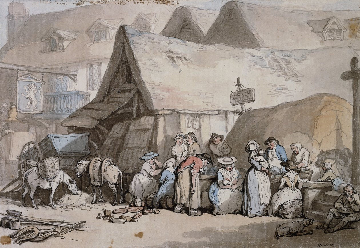 Honiton, Devon: Sko og hatte til salg uden for Lion Inn, af Thomas Rowlandson