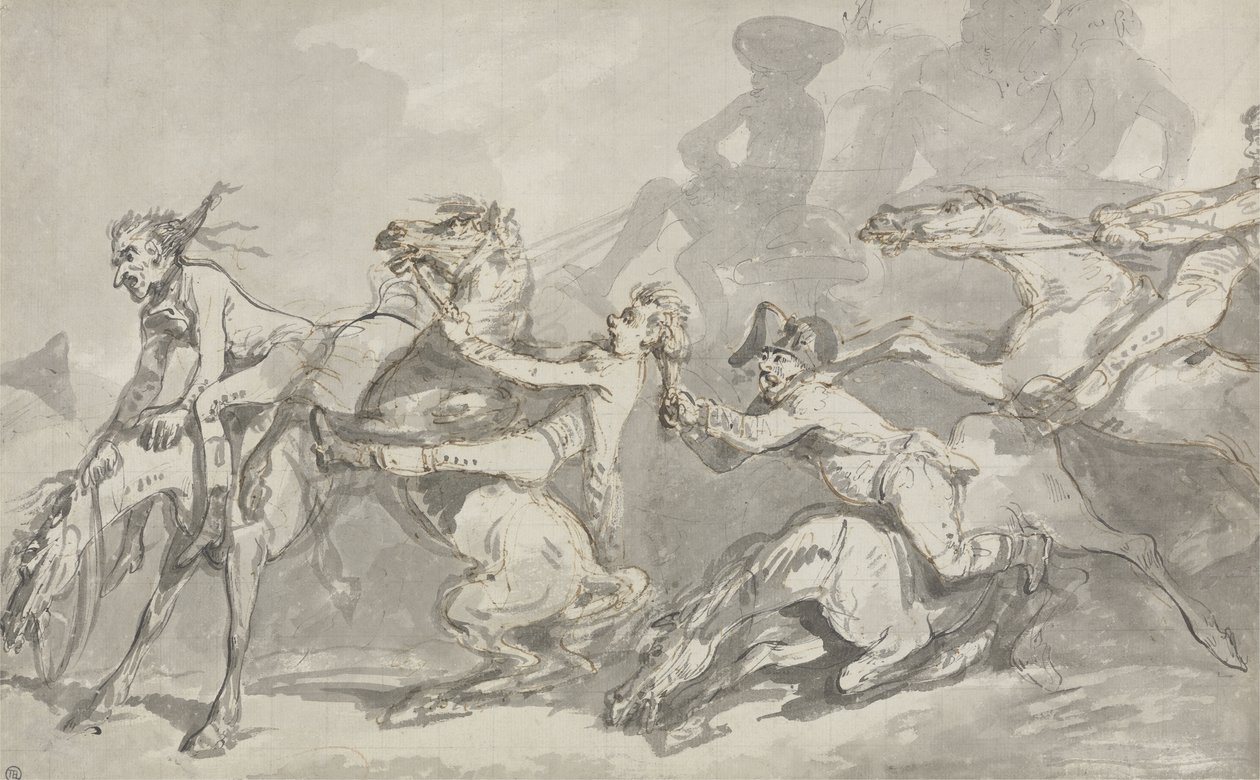 Horsemen Colliding, ca. 1785-90 (pen & blæk med brun vask på papir) af Thomas Rowlandson