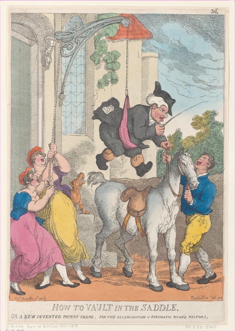 Hvordan man hvælver i sadlen eller en ny opfindelses patentkran til boligen..., 30. december 1813. af Thomas Rowlandson