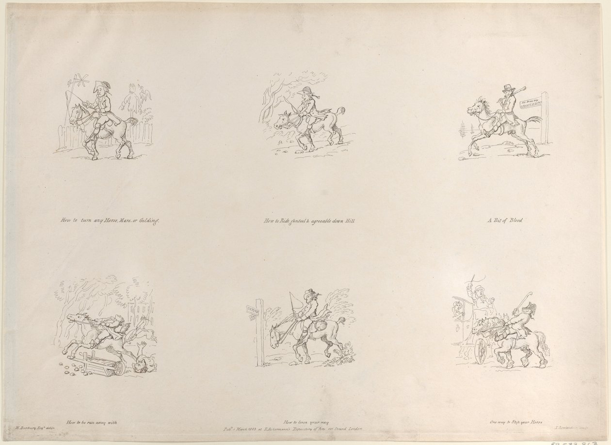 Hvordan man slår enhver hest, hoppe eller vallak, hvordan man rider fornem og behagelig ned Hil..., 1. marts 1803. af Thomas Rowlandson